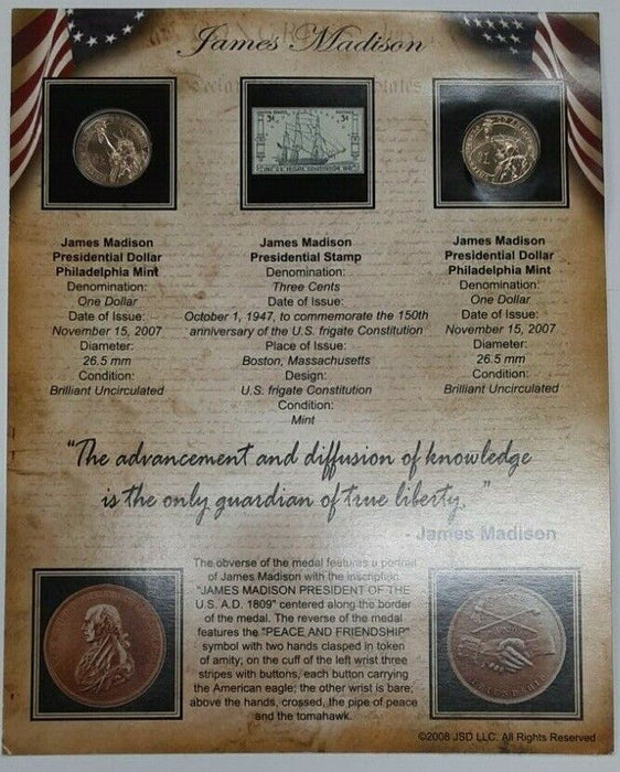 Presidential $1 Set James Madison BU P & D $1 Coins & Stamp Set in Holder