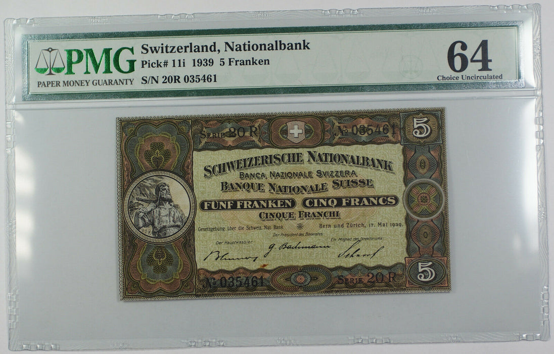 1939 Switerland Nationalbank 5 Franken Note Pick # 11i PMG 64 Choice UNC Stain