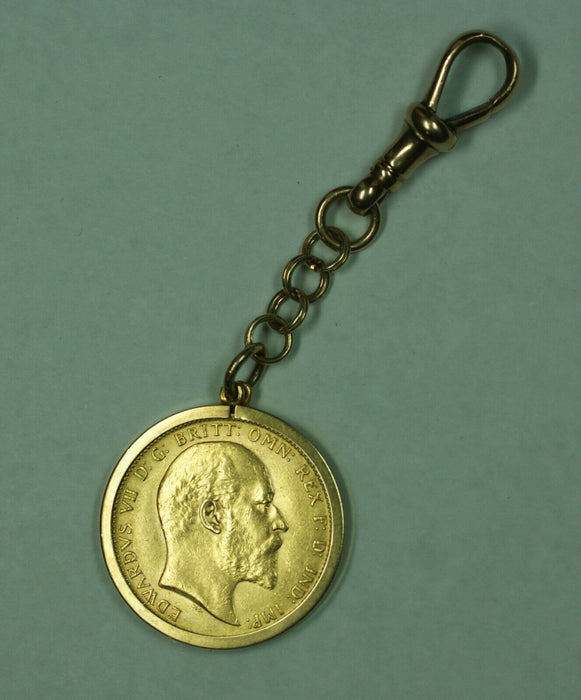 1904 British Gold Sovereign Coin in 9K Gold Bezel Pocket Watch Fob