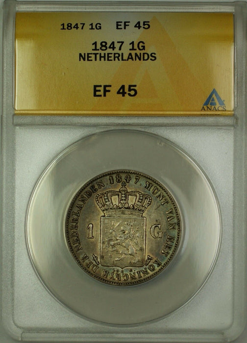 1847 Netherlands 1G Gulden Silver Coin ANACS EF-45