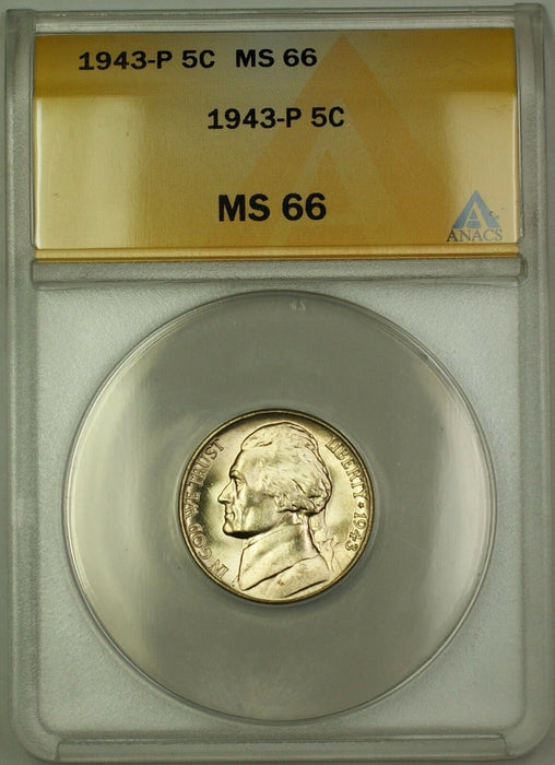 1943-P U.S. Wartime Silver Jefferson Nickel 5c Coin ANACS MS-66 (F)