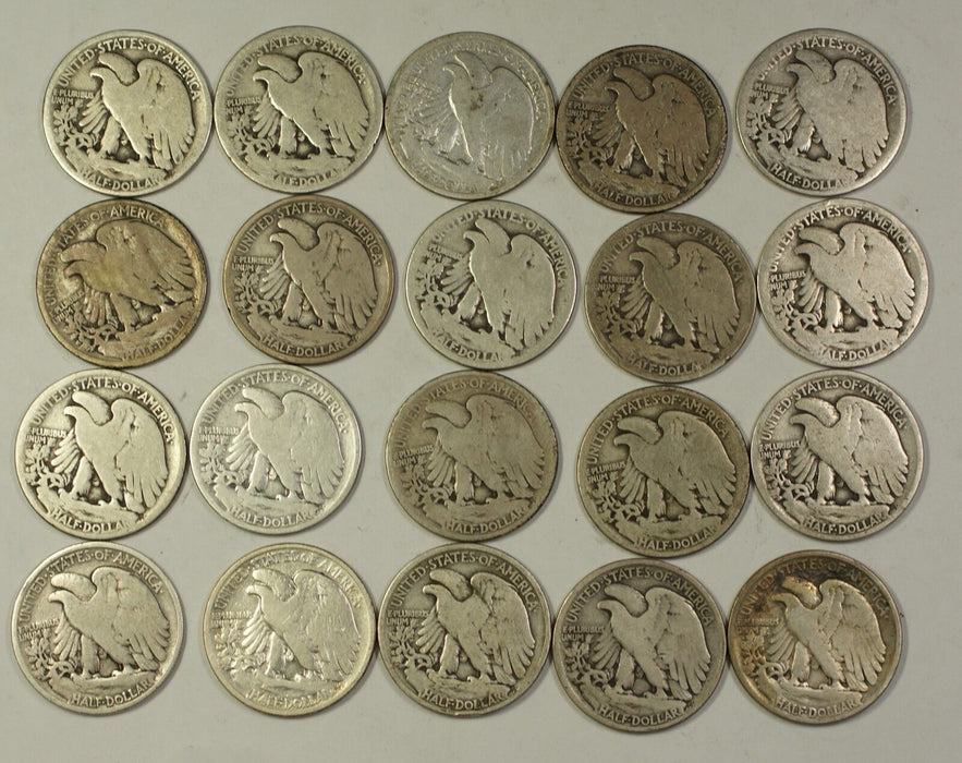 1919 Walking Liberty Half Dollar 50c Roll 20 Circulated 90% Silver Coins Lot