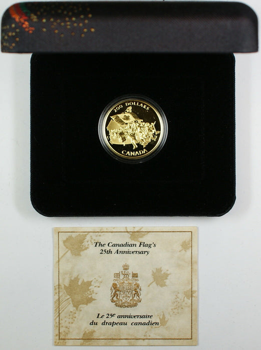 1990 Canada $200 Dollar Proof Gold Coin Canadian Flag 25th Anniv In Box w/ COA