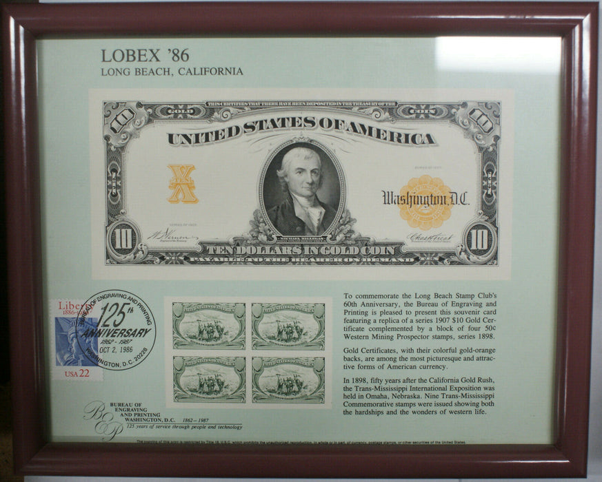 Framed LOBEX Souvenir Card 1986 BEP B 98 Cancelled $10 Gold Certificate