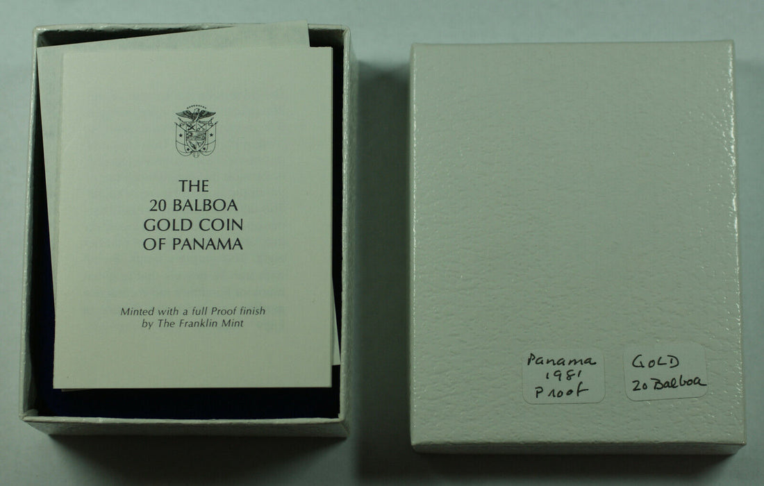 1981 Panama Proof Gold 20 Balboa Coin by Franklin Mint w/Box and COA