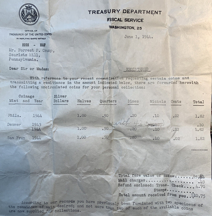 1944 U.S. Mint Double Mint Set Original Packaging & Letter, ICG Certified (RARE)