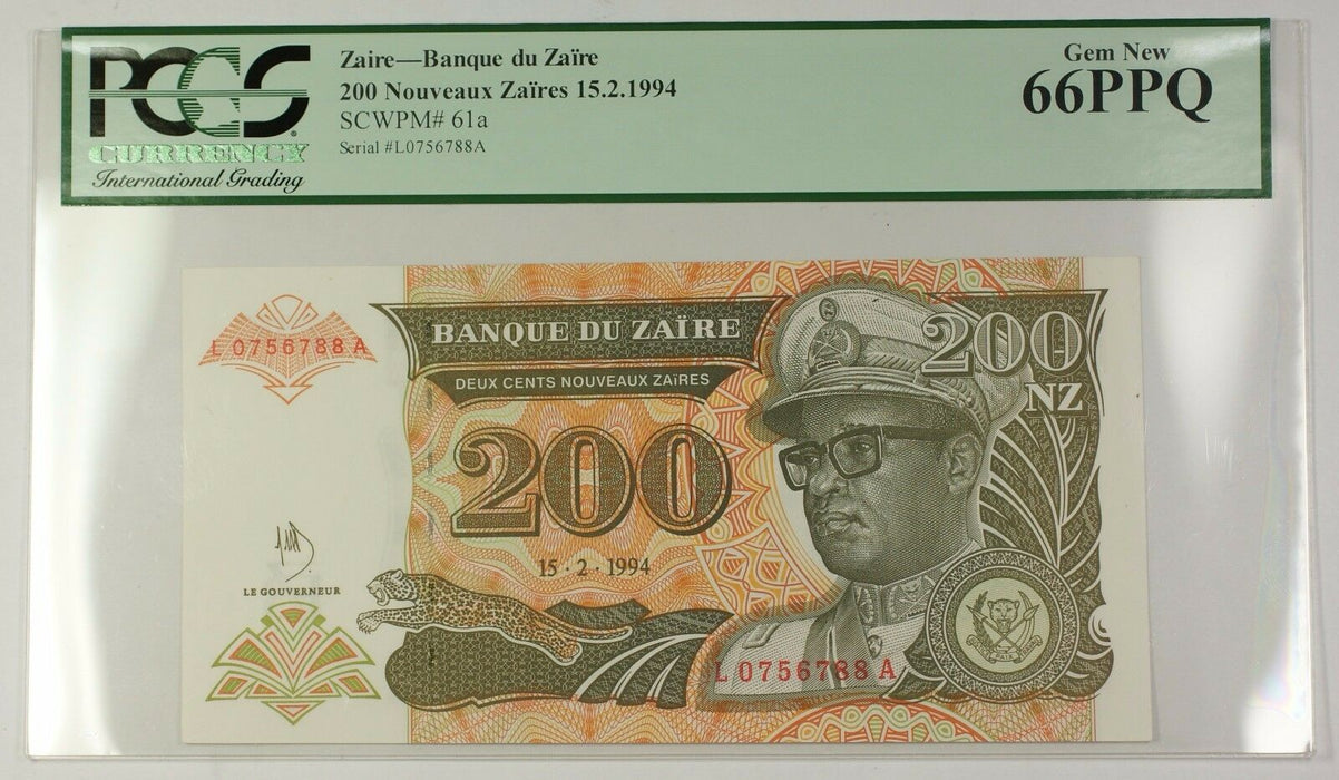 15.2.1994 Zaire 200 Nouveaux Zaires Bank Note SCWPM# 61a PCGS Gem New 66 PPQ