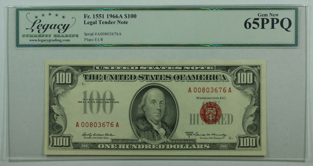 1966-A $100 One Hundred Dollar Legal Tender US Note Fr. 1551 Legacy Gem 65 PPQ