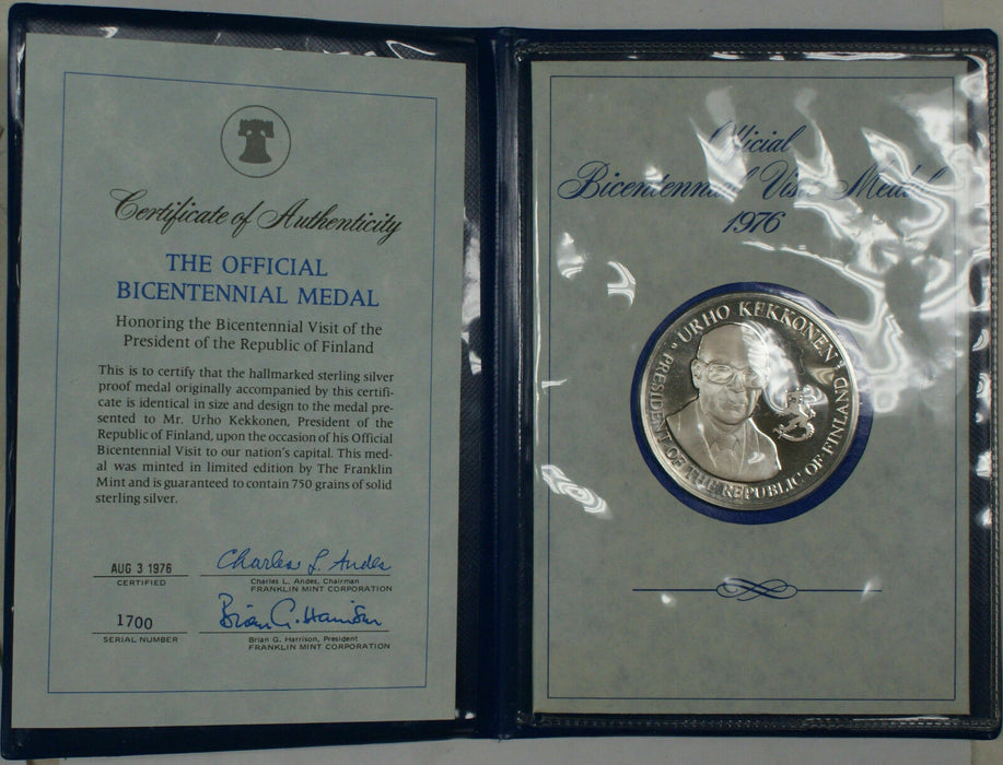1976 Official Bicentennial Visit of Finland Silver Proof Medal Franklin Mint COA