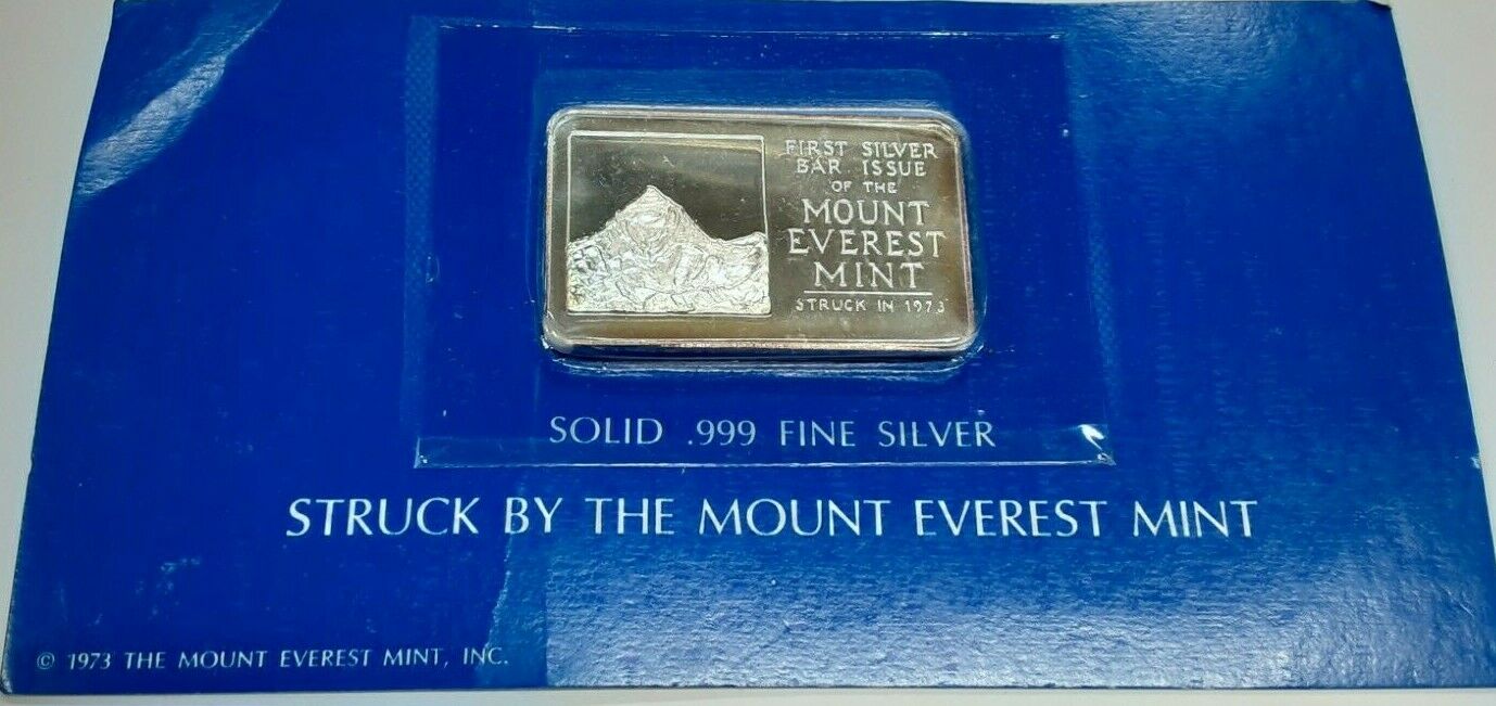1973 Mount Everest Mint 1 Ounce .999 Fine Pure Silver Bar on Original Card