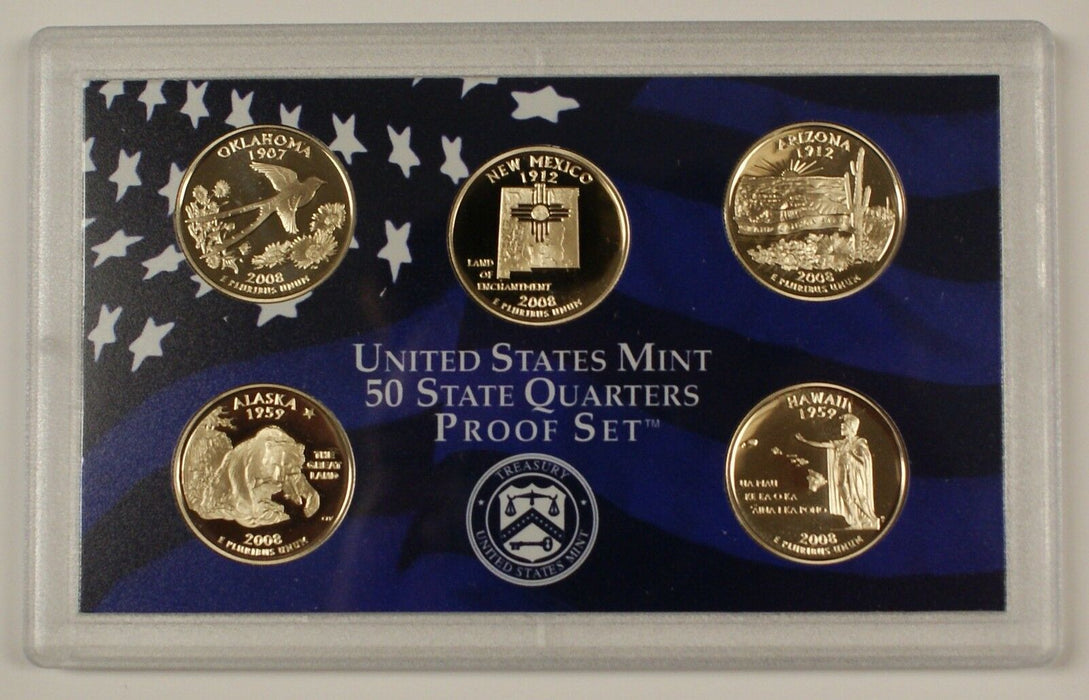 2008 US Mint Clad Proof State Quarters Set 5 Gem Coins w/ Box & COA