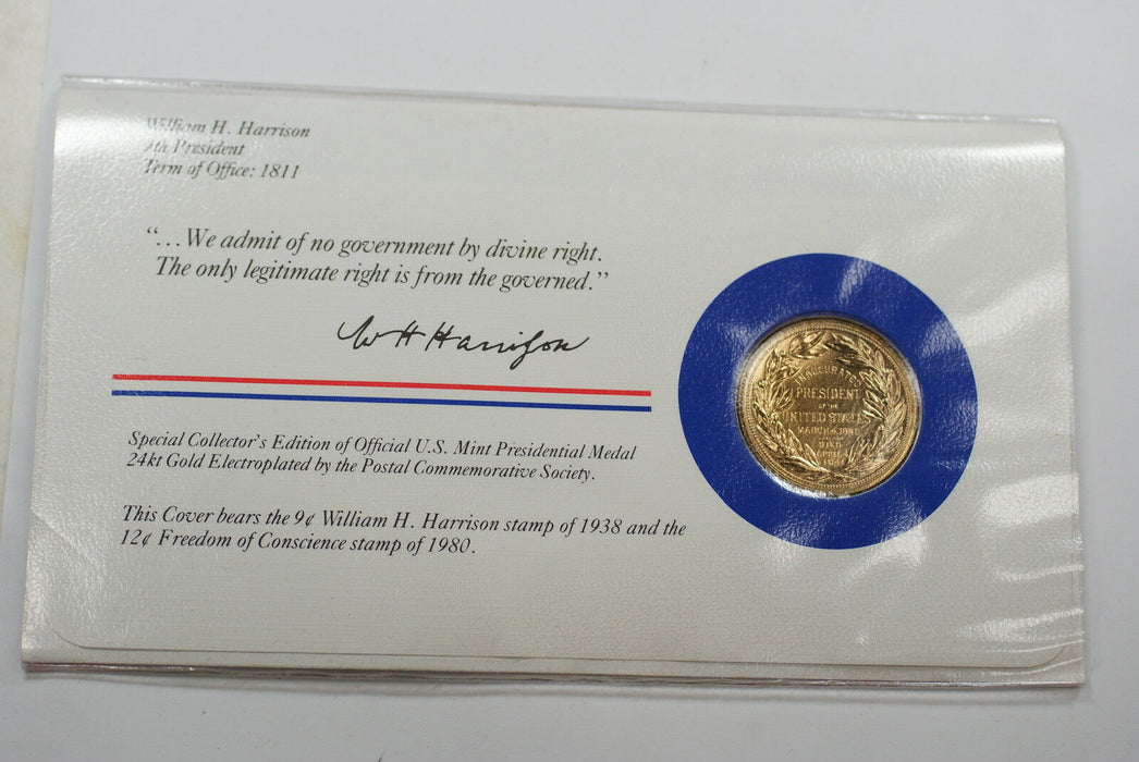 Willam H. Harrison Presidential Medal 24 KT Electroplate Gold & Stamps Cover