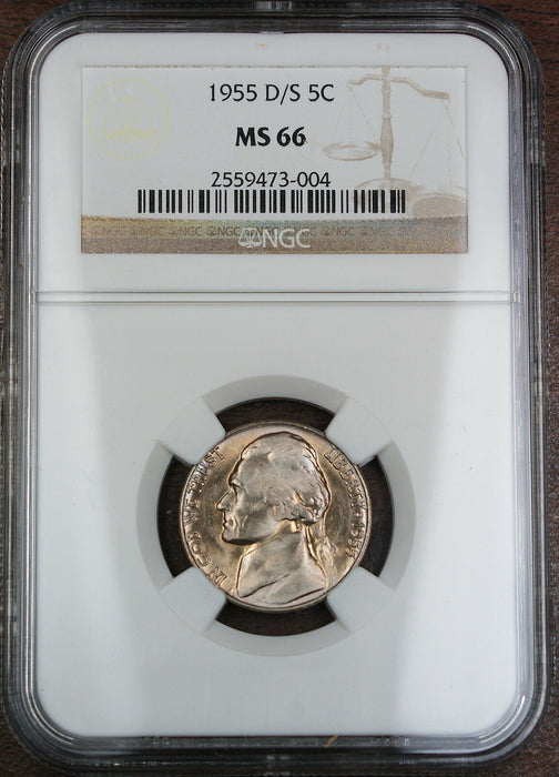 1955-D/S Jefferson Nickel Coin, NGC MS-66, Scarce OMM Variety