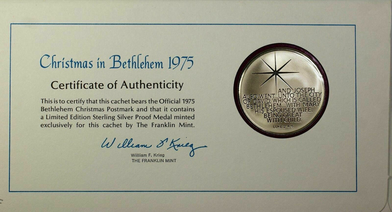 1975 Christmas in Bethlehem Sterling Silver Proof Medal 0.9 Ozt First Day Cover