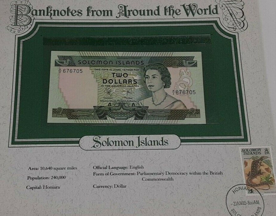 1985 Solomon Islands Two Dollar Banknote Crisp Uncirculated in Stamped Info Card