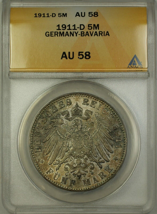1911-D Germany-Bavaria 5M Five Marks Silver Coin ANACS AU-58