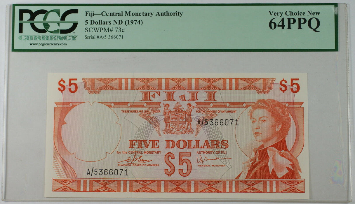 (1974) Fiji Central Monetary Agency $5 Note SCWPM# 73c PCGS 64 PPQ Very Ch New