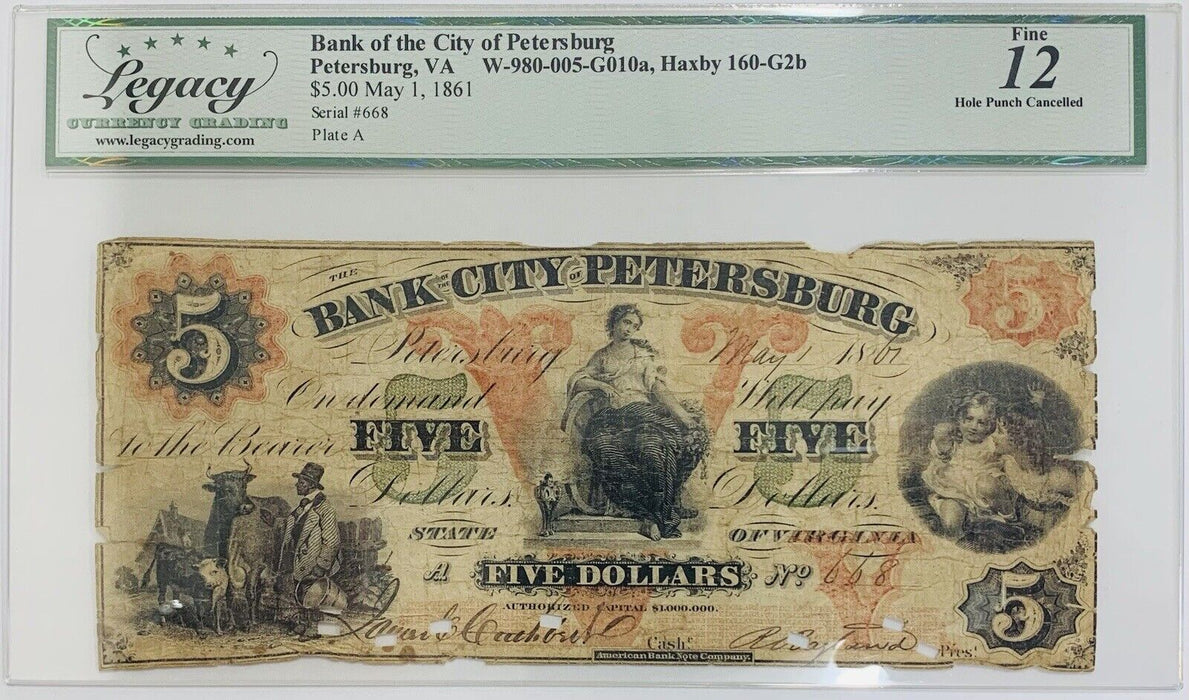 Bank Of The City Of Petersburg, VA $5 May 1, 1861 Legacy Fine 12