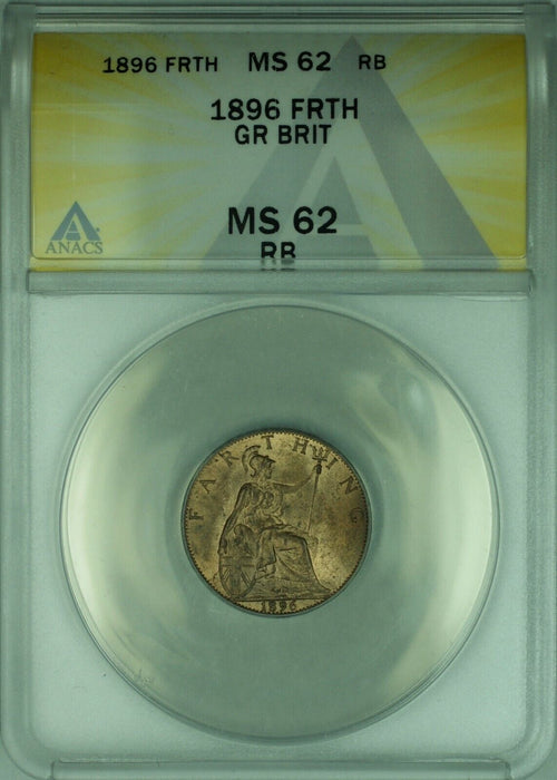1896 Great Britain Farthing Copper Coin ANACS MS-62 RB  (WB2)