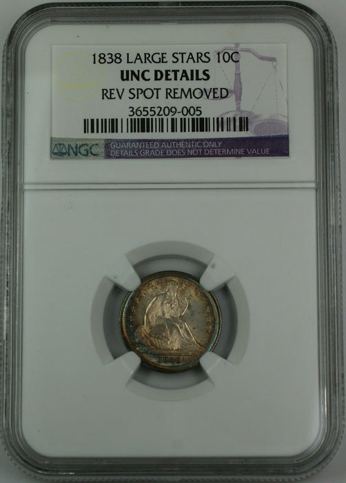 1838 Seated Liberty Dime Large Stars, NGC UNC Details, Toned Very Choice CoinDGH
