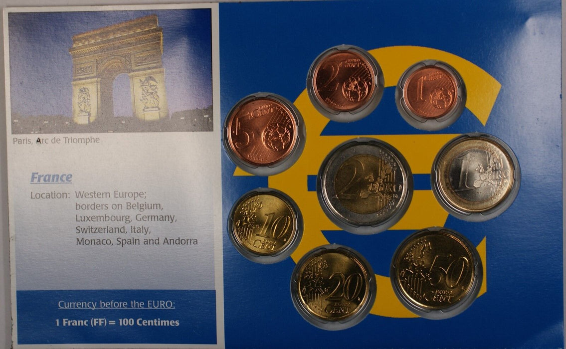 France Euro 8 Coins Uncirculated Set Mixed Dates 1999-2002