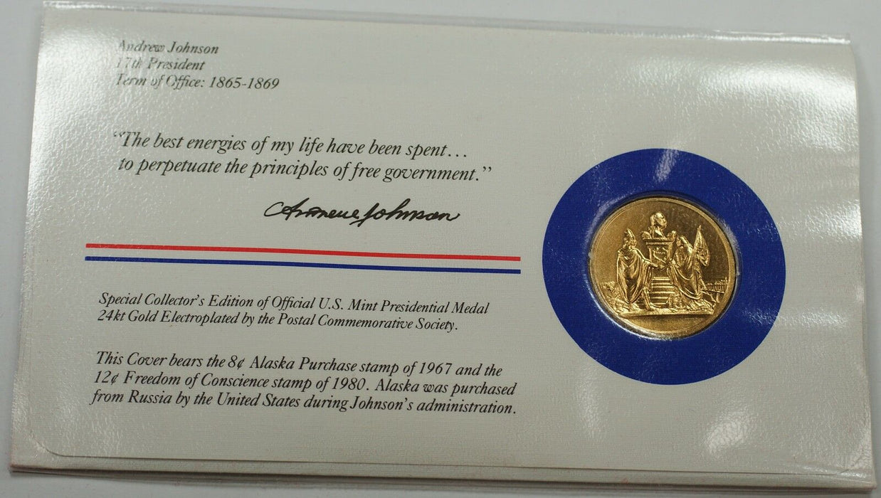 Andrew Johnson Presidential Medal 24 KT Electroplate Gold & Stamps Cover
