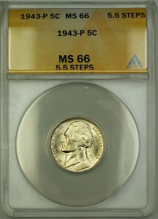 1943-P 5.5 Steps U.S. Wartime Silver Jefferson Nickel 5c Coin ANACS MS-66 (A)