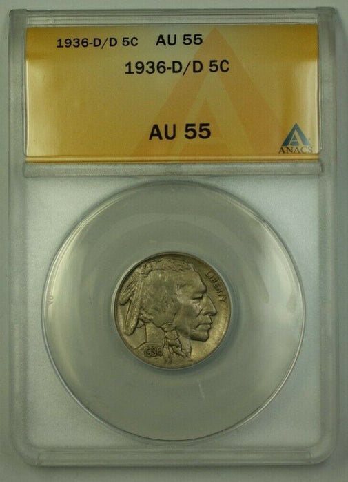 1936-D/D US Buffalo Nickel 5c Coin ANACS AU-55
