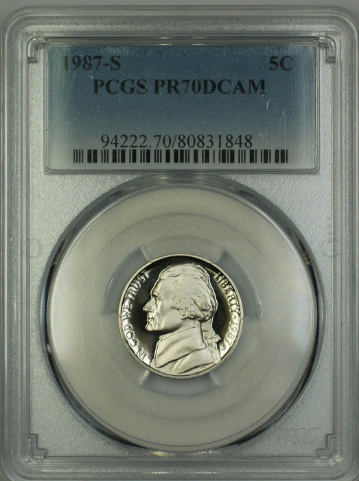 1987-S Proof Jefferson Nickel 5c Coin PCGS PR-70 Deep Cameo *PERFECT GEM*