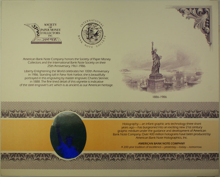 IBNS Souvenir Card SO 43 1986 SPMC Statue of Liberty Vignette Hologram