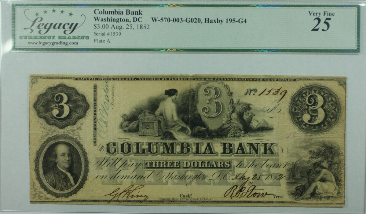 1852 Columbia Bank $3 Obsolete Currency Haxby 195-G4 Washington DC Legacy VF-25