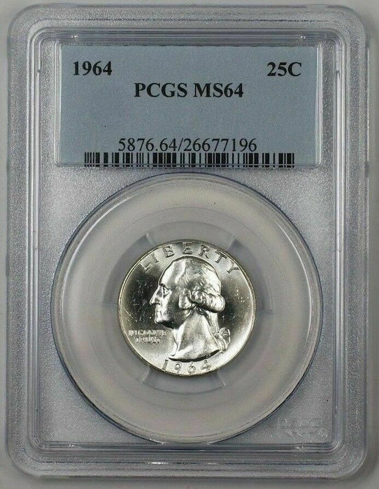 1964 Washington Silver Quarter Coin 25c PCGS MS-64 Type B 1B