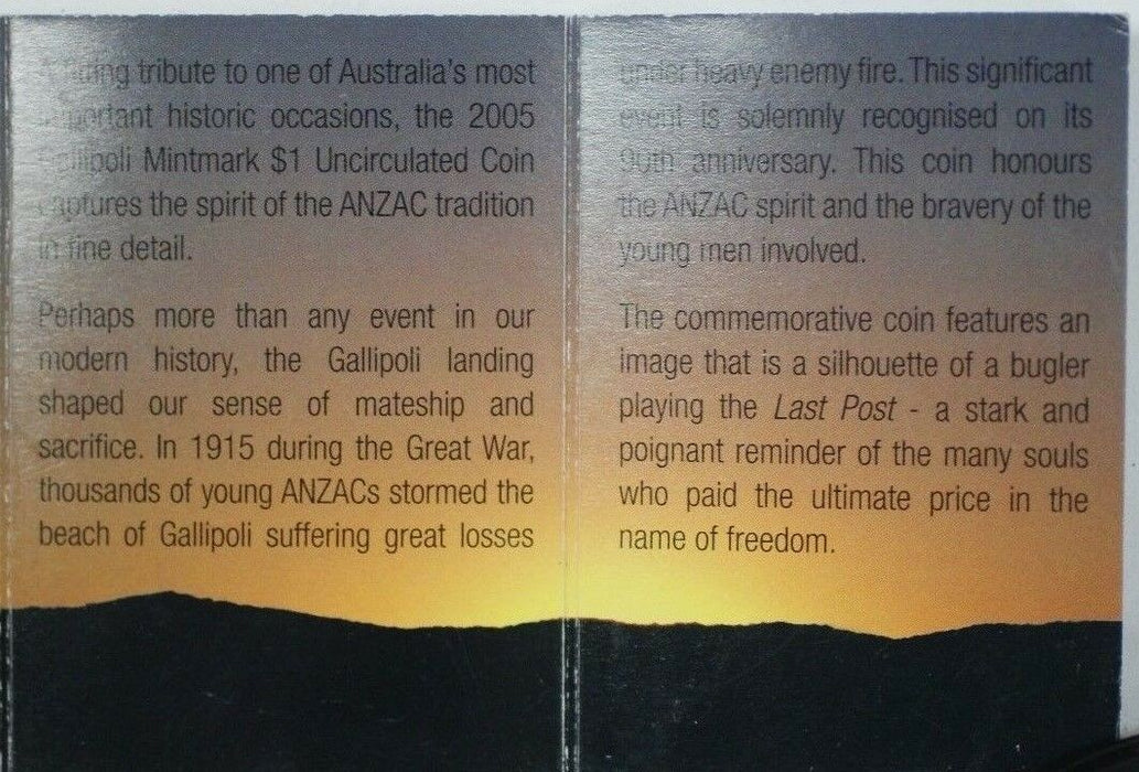 2005 C Canberra Mintmark Australia Gallipoli WW1 Uncirculated $1 Dollar Coin
