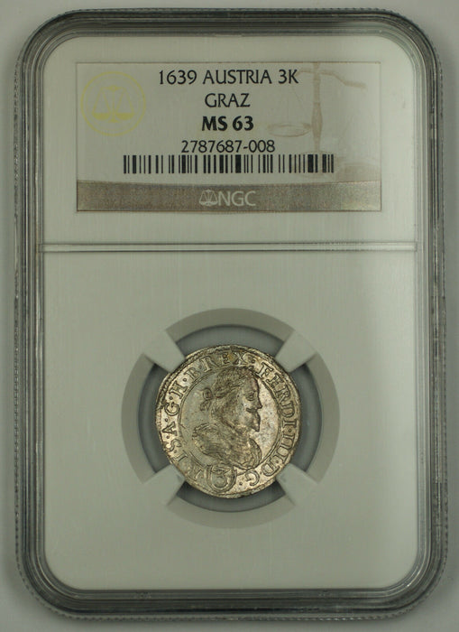 1639 Austria 3 Kreuzer Silver Coin Graz Mint NGC MS-63