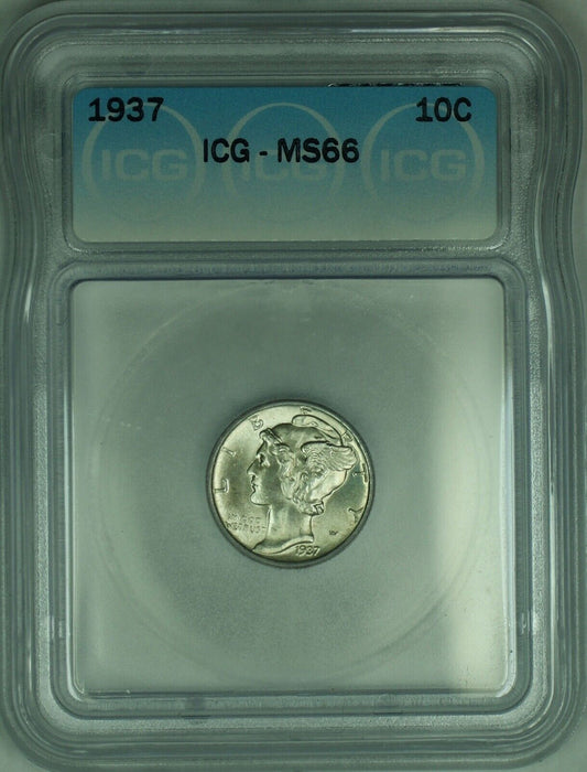 1937 Mercury Silver Dime 10c Coin ICG MS-66 (Looks Full Split Bands) (53D)