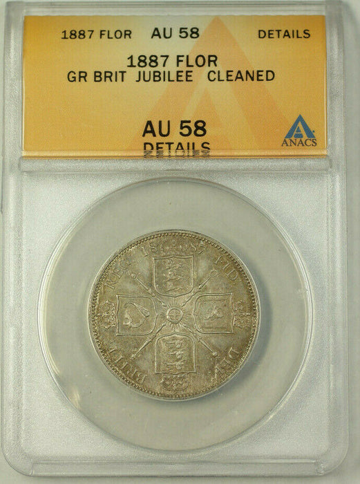 1887 Gr Brit Jubilee Silver Florin Coin ANACS AU 58 Details Cleaned (Proof)