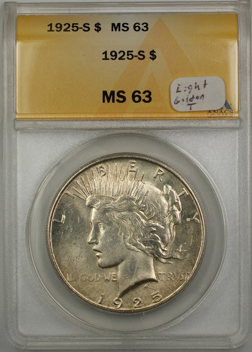 1925-S Peace Silver Dollar Coin $1 ANACS MS 63 Light Golden Toning