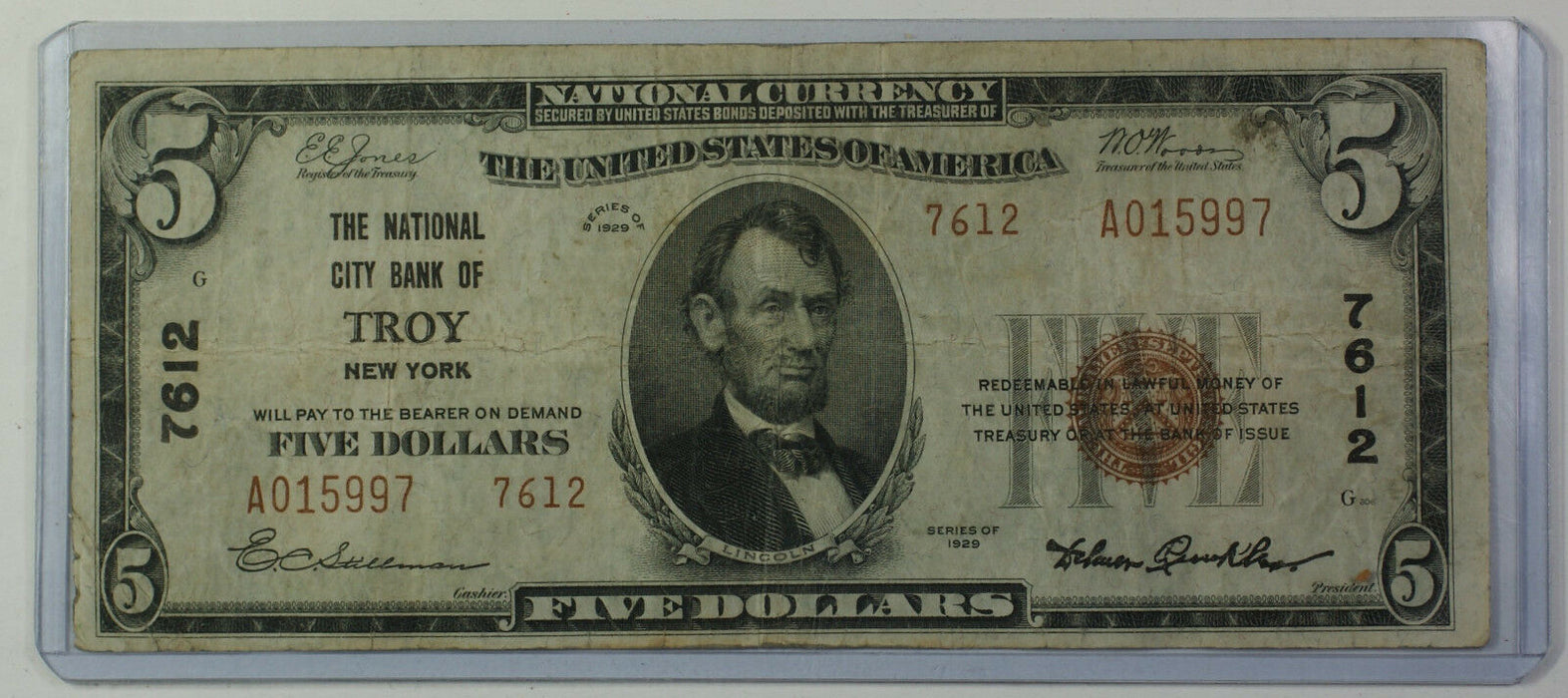 Series 1929 Type 2 $5 National Currency Banknote Troy, New York Charter 7612 (B)