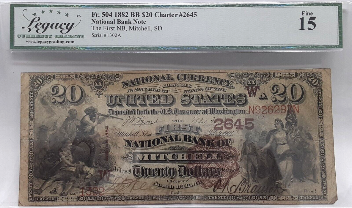 1882 $20 National Currency BB 1st Nat'l Bank Mitchell SD CH#2645 Legacy F-15