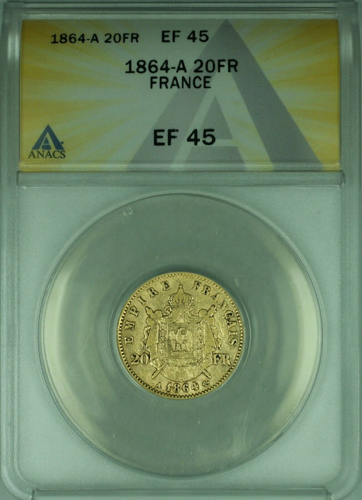 1864-A France 20 Francs Gold Coin ANACS EF-45