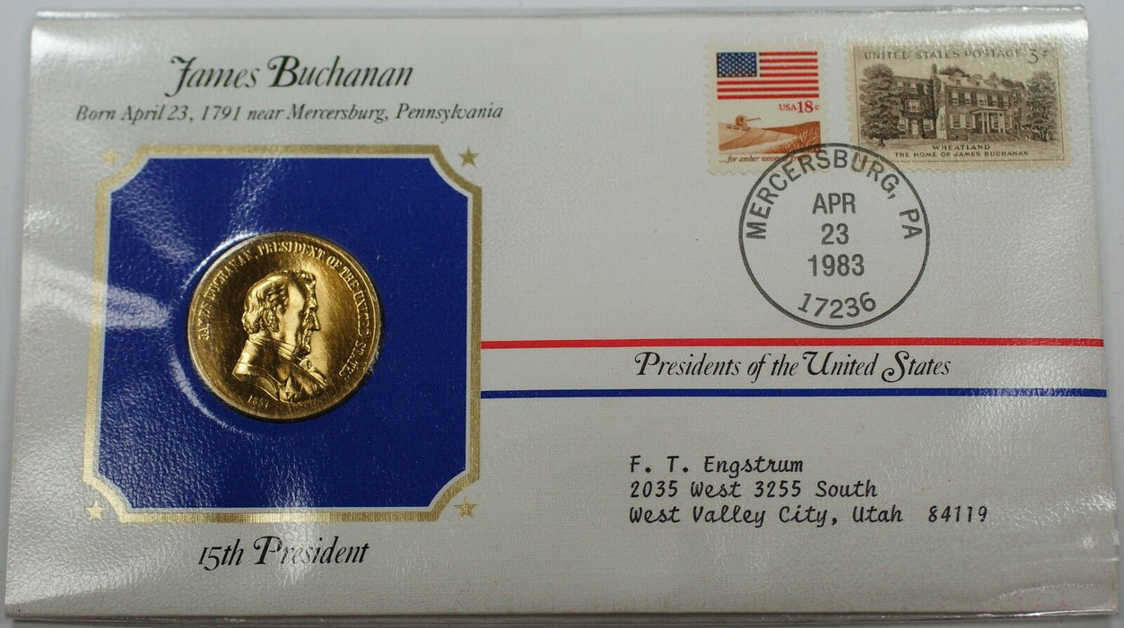 James Buchanan Presidential Medal 24 KT Electroplate Gold & Stamps Cover