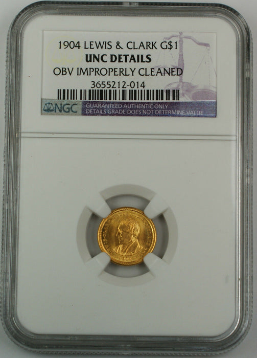 1904 Lewis & Clark Commemorative $1 Gold Coin, NGC UNC Details (Obverse Cleaned)