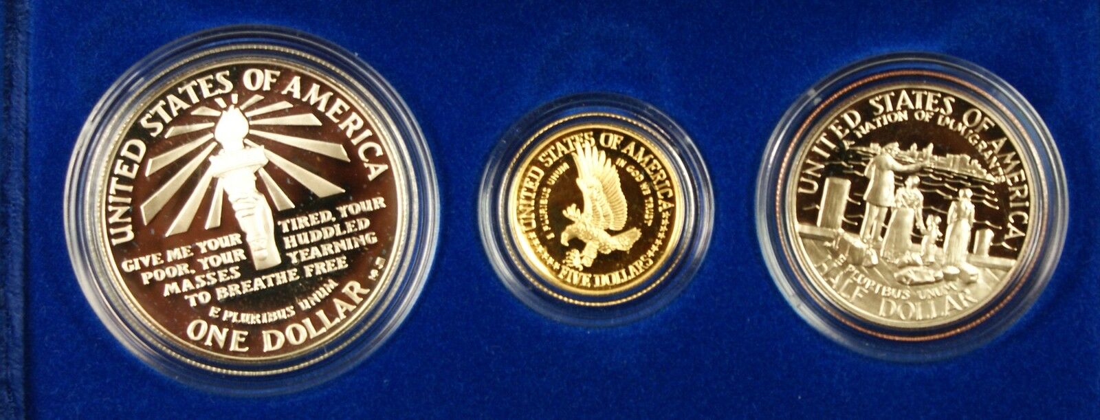 1986 Liberty 3 Coin Proof Commemorative Set Gold $5 Silver $1 & 50c US Mint
