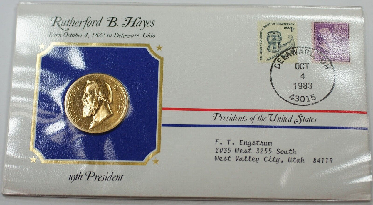 James A. Garfield Presidential Medal 24 KT Electroplate Gold & Stamps Cover
