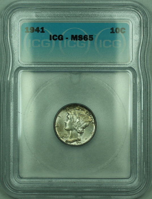 1941 Mercury Silver Dime 10c Coin ICG MS-65 Toned (P)