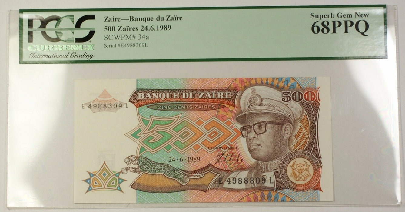24.6.1989 Zaire 500 Zaires Bank Note SCWPM# 34a PCGS Superb Gem New 68 PPQ