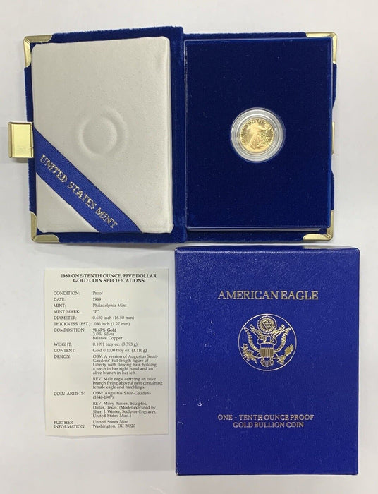 1989-P $5 American Proof Gold Eagle, 1/10 OZ Fine Gold Coin-Box & COA
