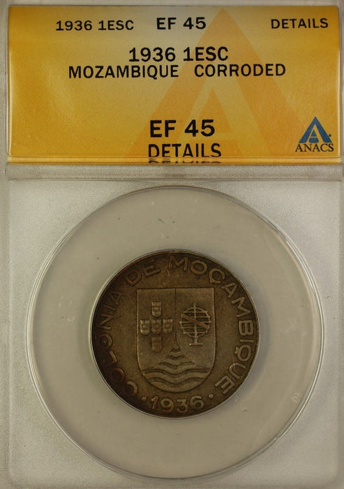 1936 Mozambique 1 Escudo Silver Coin ANACS EF-45 Details Corroded