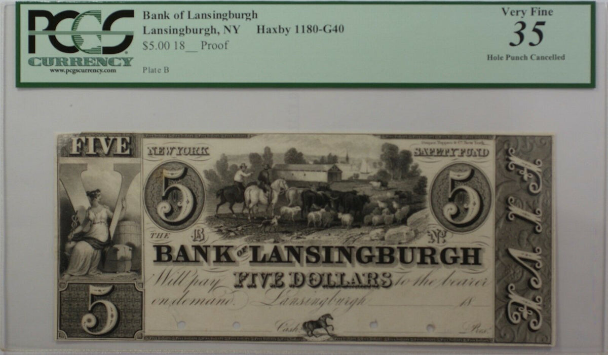Bank of Lansingburgh $5 Obsolete Currency Haxby 1180-G40 NY PCGS VF-35 Apparent