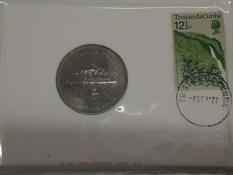 1977 Tristan da Cunha BU Commemorative 25 Pence Coin W/Stamp in First Day Cover